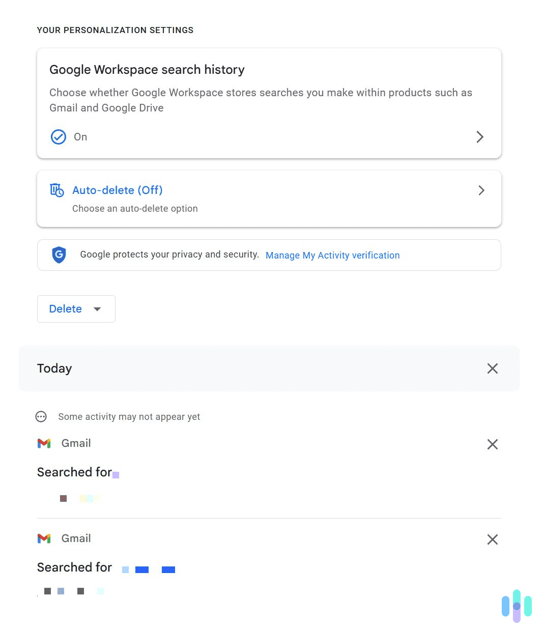 Use the delete button to start removing your Gmail search history. Use the delete button to start removing your Gmail search history.