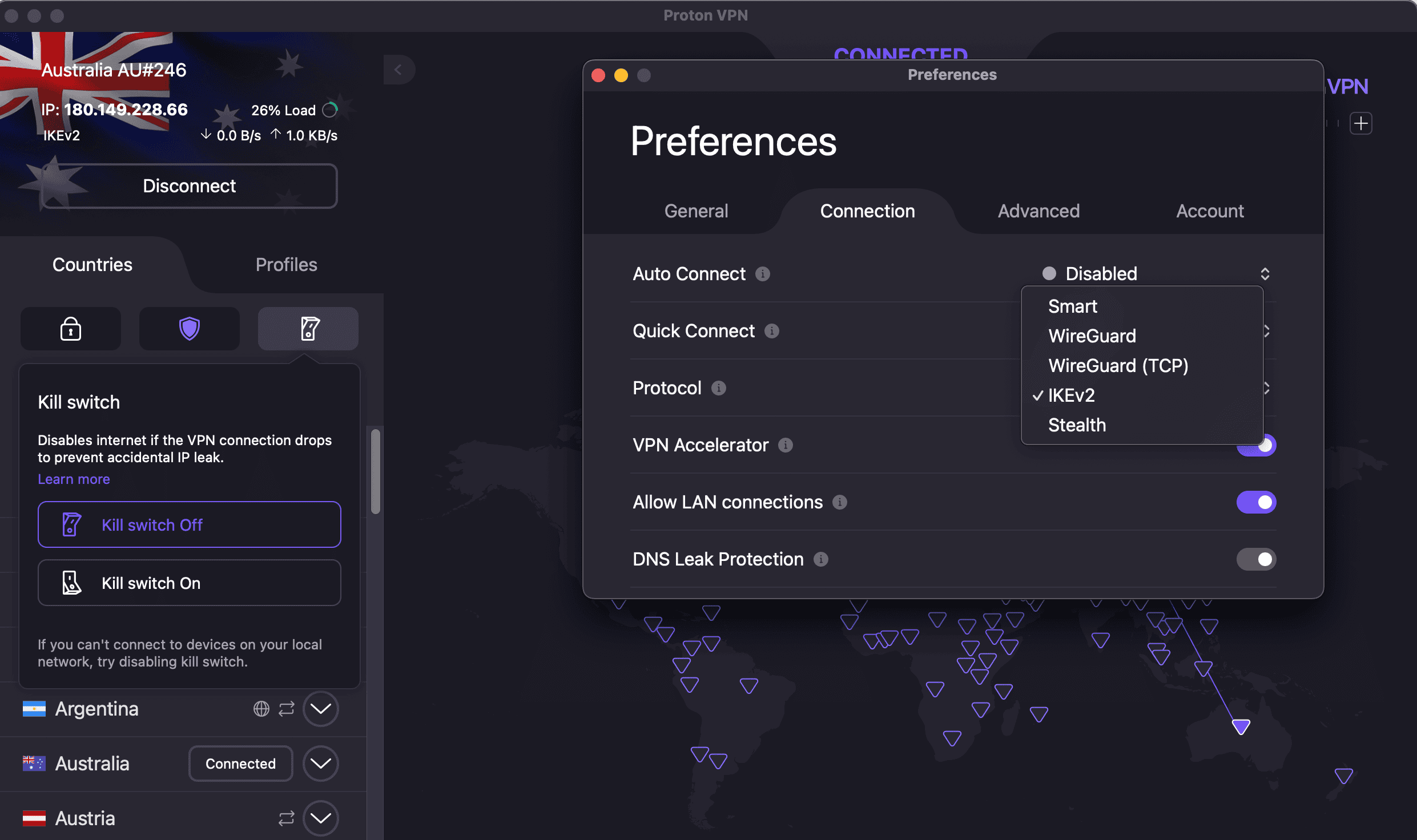We used the IKEv2 protocol, but Proton VPN has other options available. We used the IKEv2 protocol, but Proton VPN has other options available.