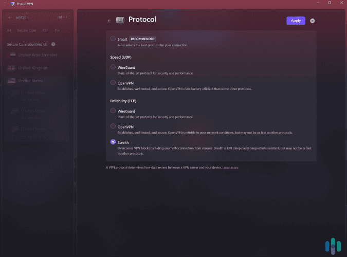 Proton VPN’s Stealth protocol is designed to bypass censorship. Proton VPN's Stealth protocol is designed to bypass censorship.