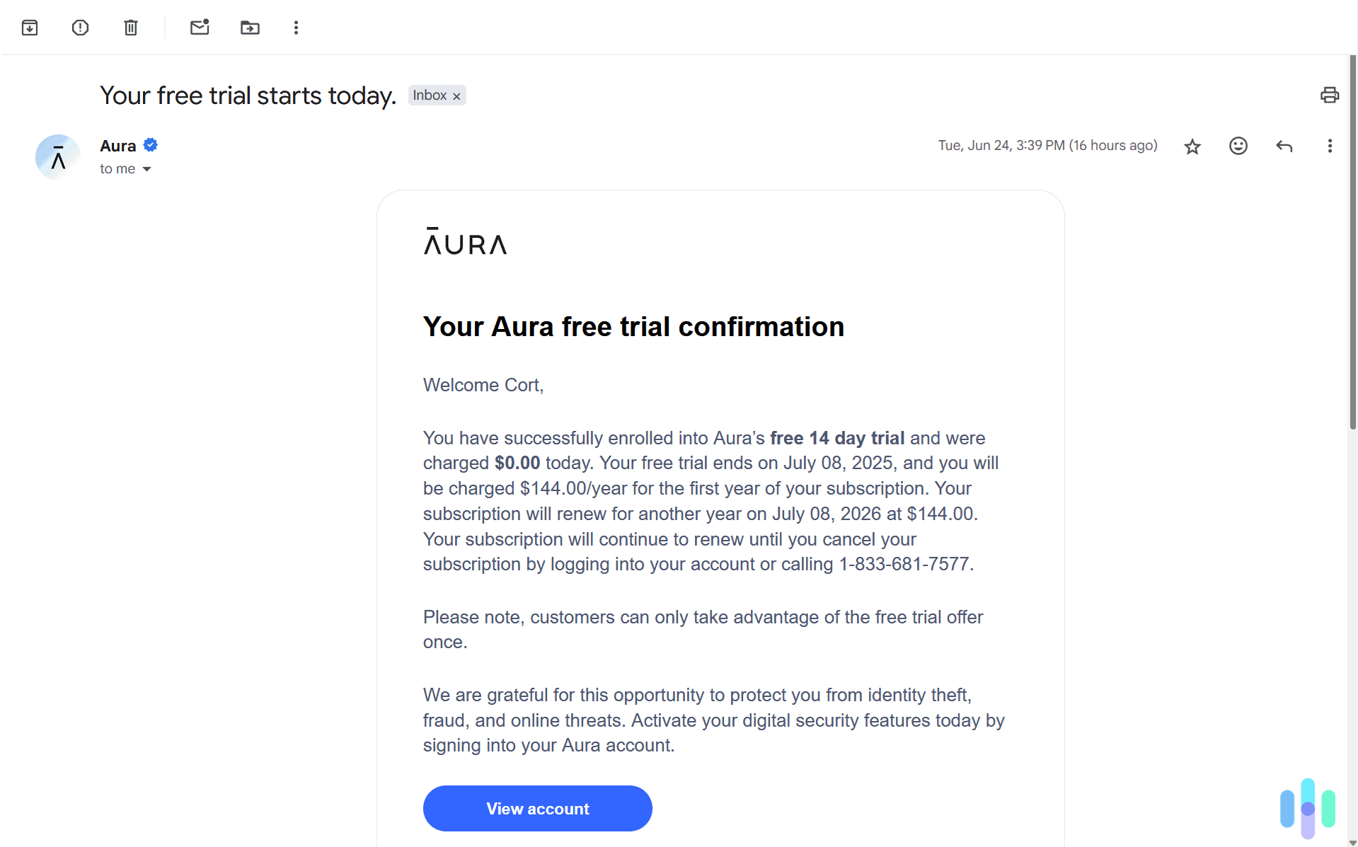 Using Aura’s free trial, we tried all of their tools for up to 14 days before buying our annual subscription Using Aura’s free trial, we tried all of their tools for up to 14 days before buying our annual subscription