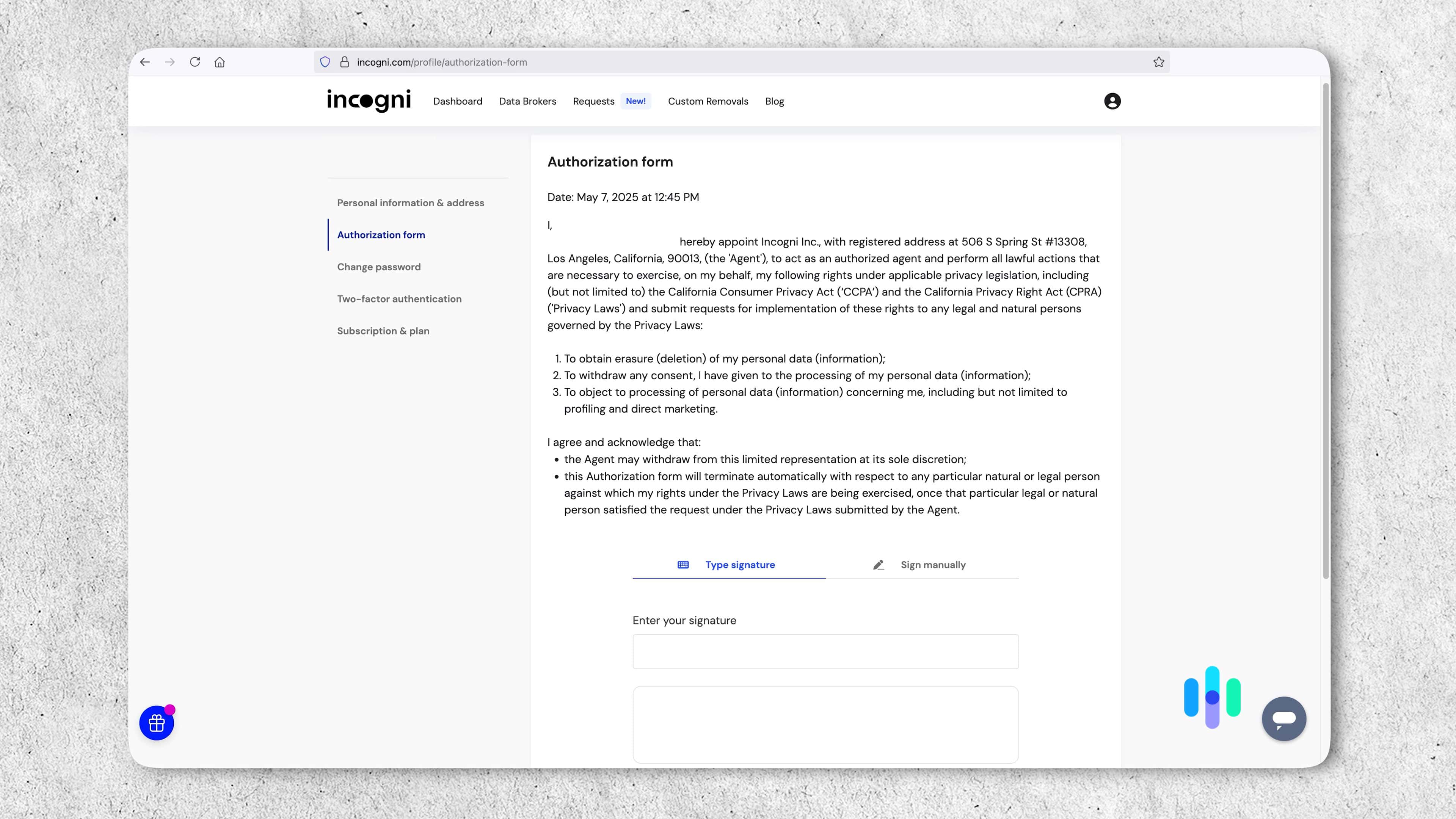 Incogni authorization form Incogni authorization form