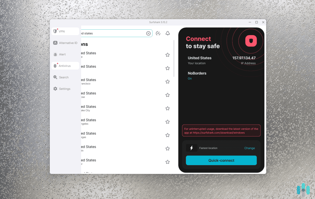 Surfshark’s Windows app with the VPN, antivirus, and other cybersecurity tools integrated seamlessly Surfshark’s Windows app with the VPN, antivirus, and other cybersecurity tools integrated seamlessly
