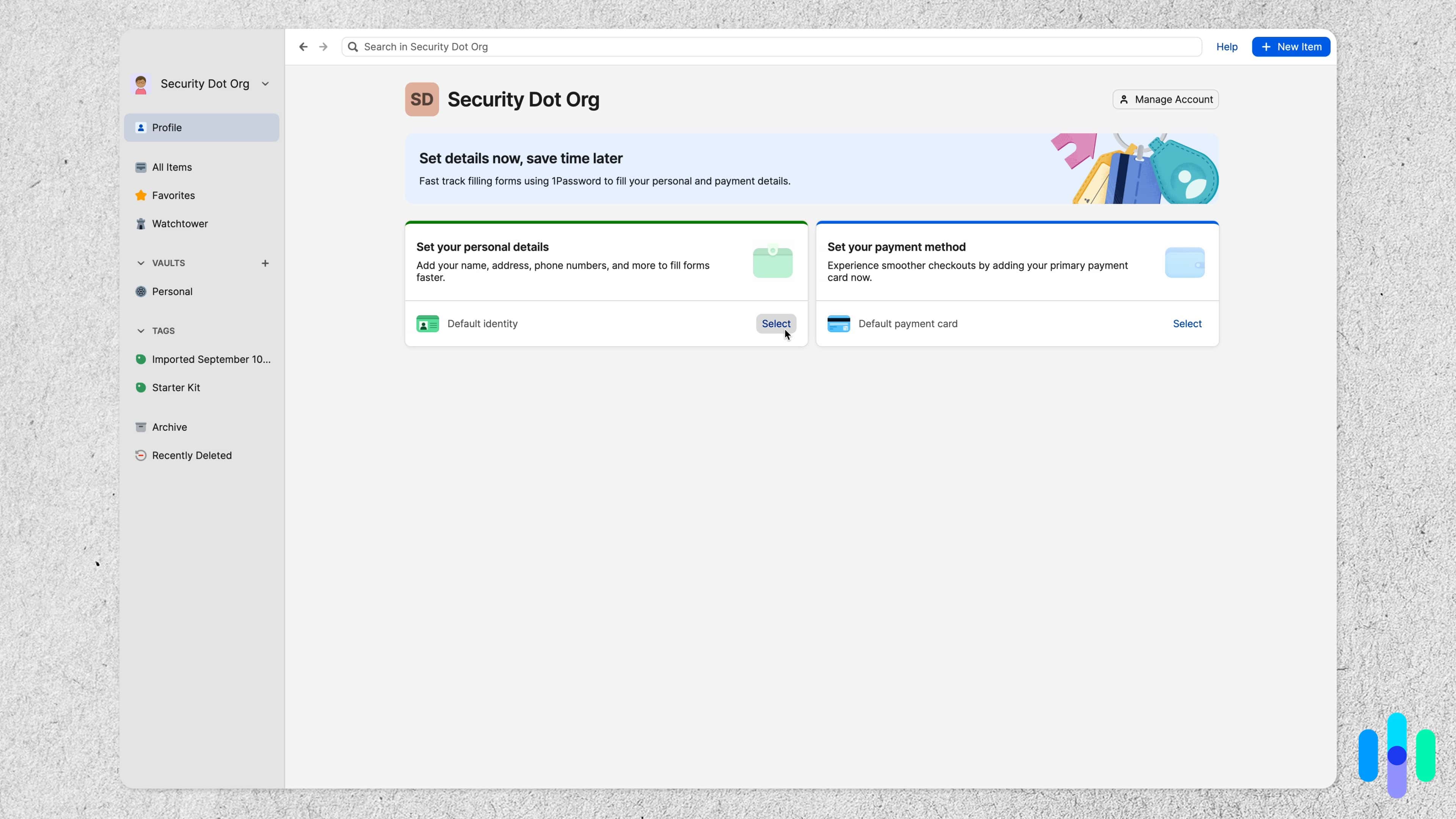 Setting up personal data on my 1Password account.