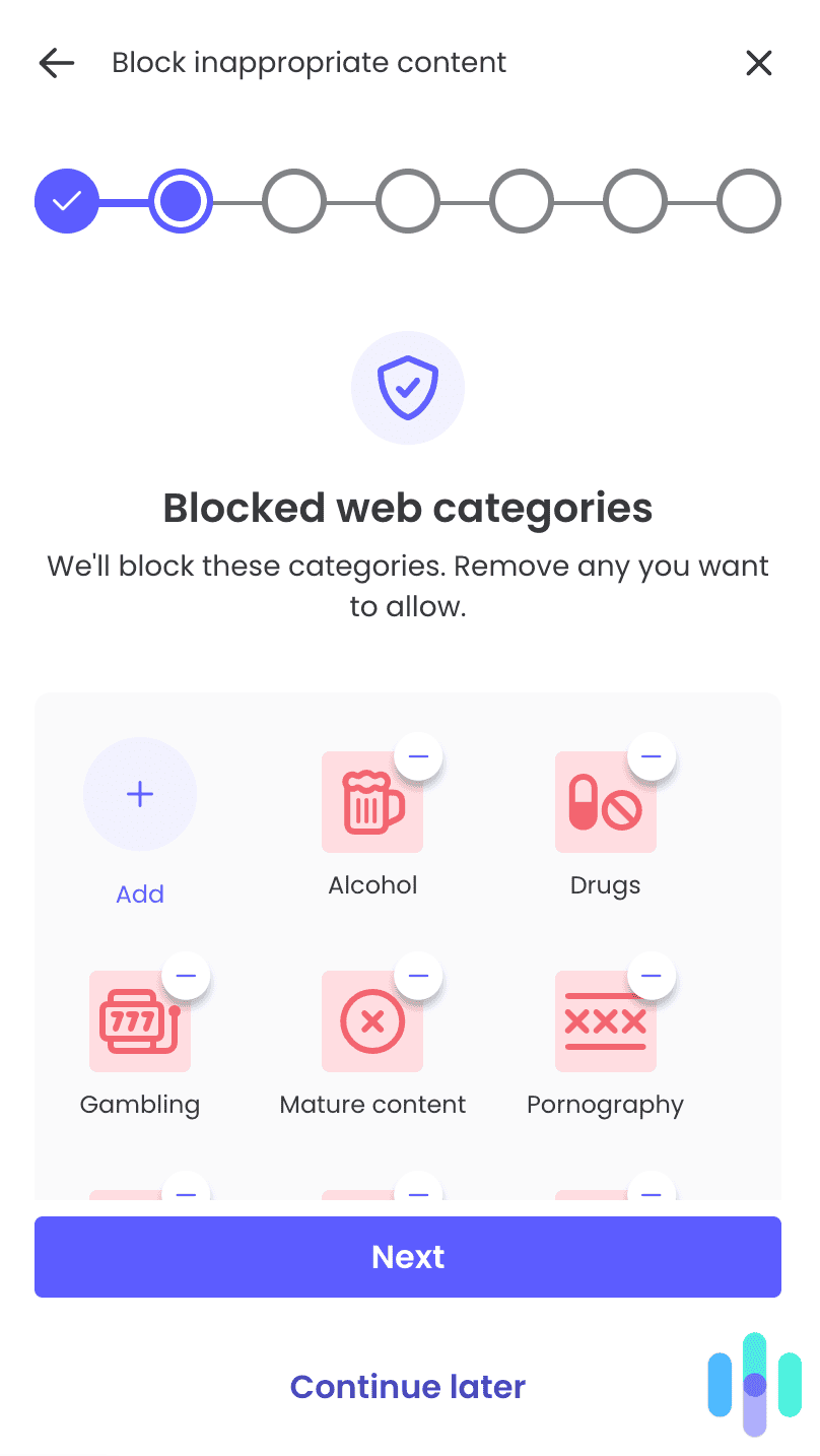 We could choose what web categories to block entirely or at specific times of the day. We could choose what web categories to block entirely or at specific times of the day.