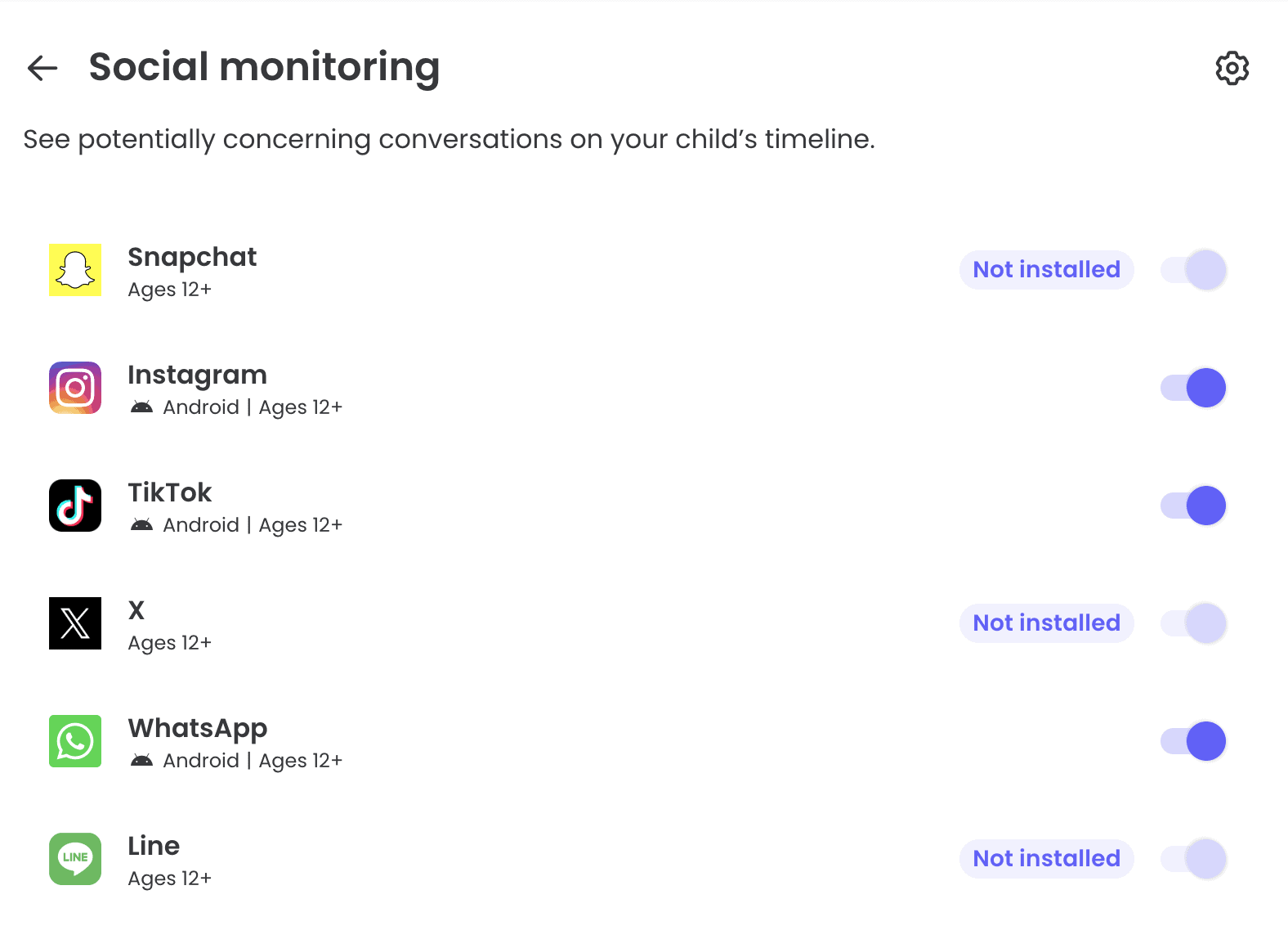We could see what social media apps were installed and choose whether to monitor usage and conversations. Qustodio’s social media monitoring is fairly basic compared to Bark