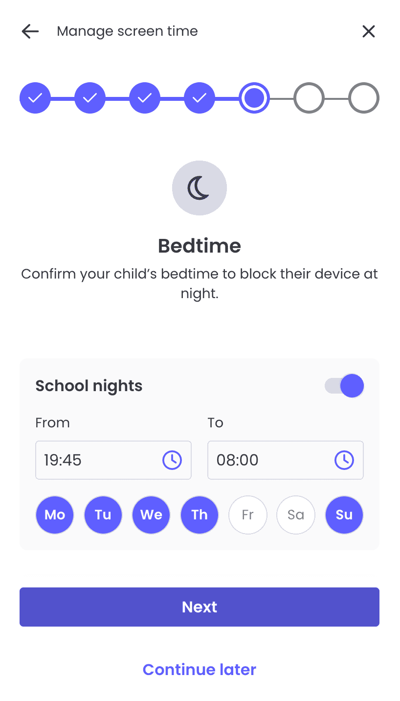 We could set different bedtime screen limits based on school days and weekends. Qustodio’s customizable bedtime rules